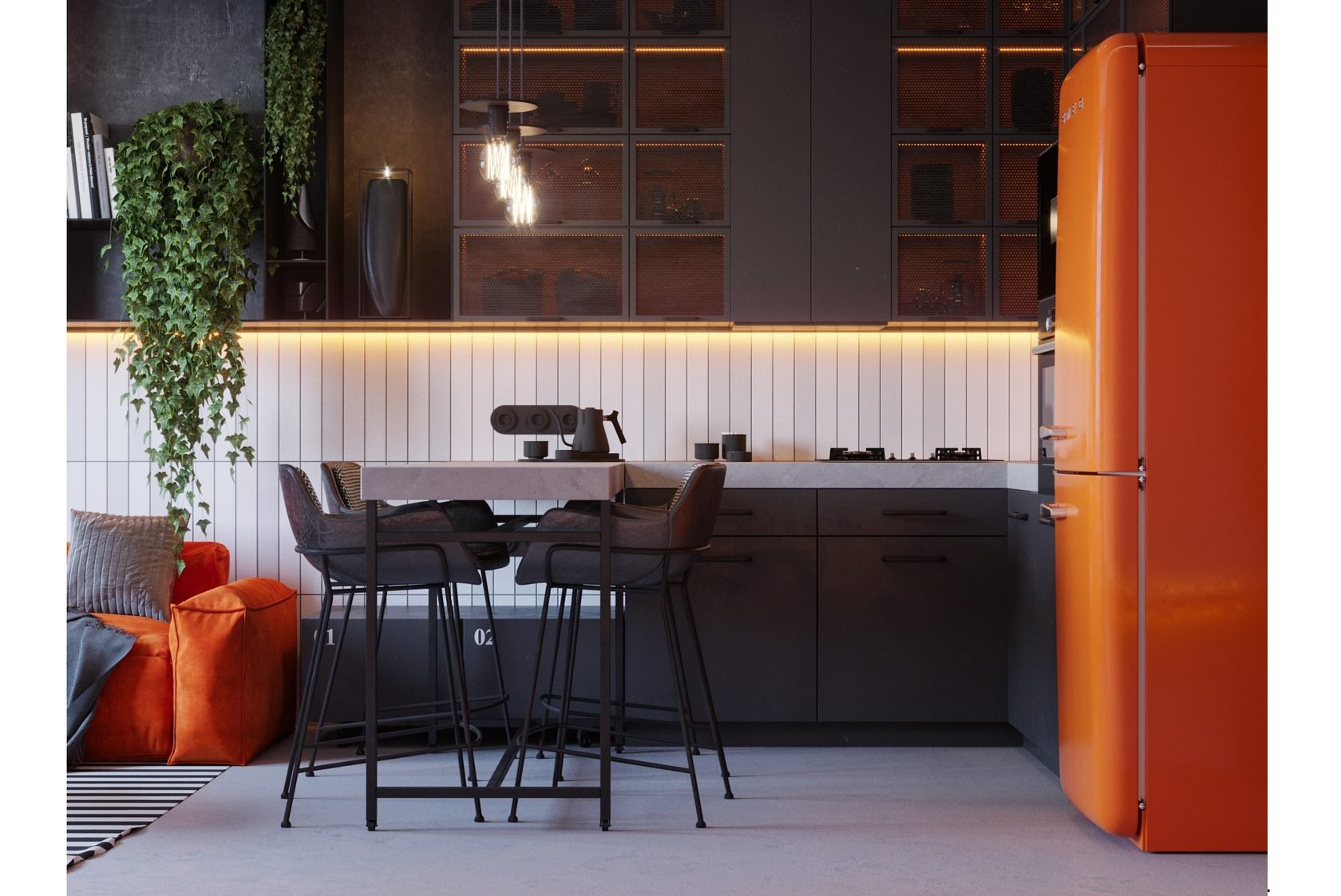 Дизайн Кухни С Оранжевым Холодильником