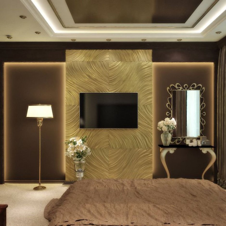 Дизайн Спальни С Золотыми Обоями