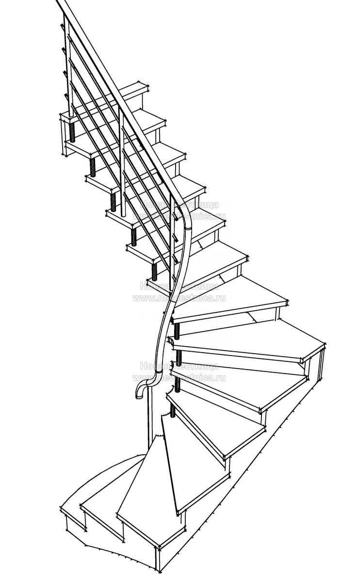 Лестница с забежными ступенями на 90 на металлическом каркасе