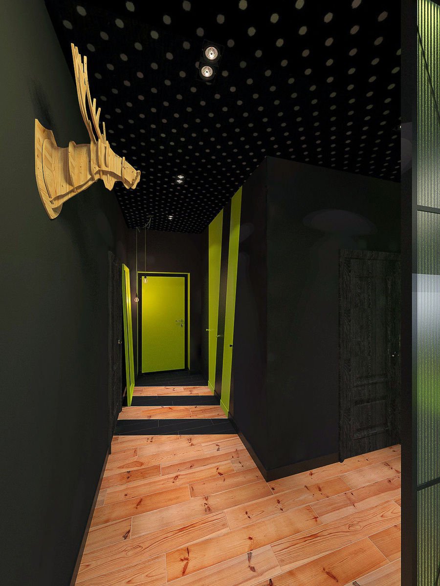Зелёный коридор с деревянными панелями