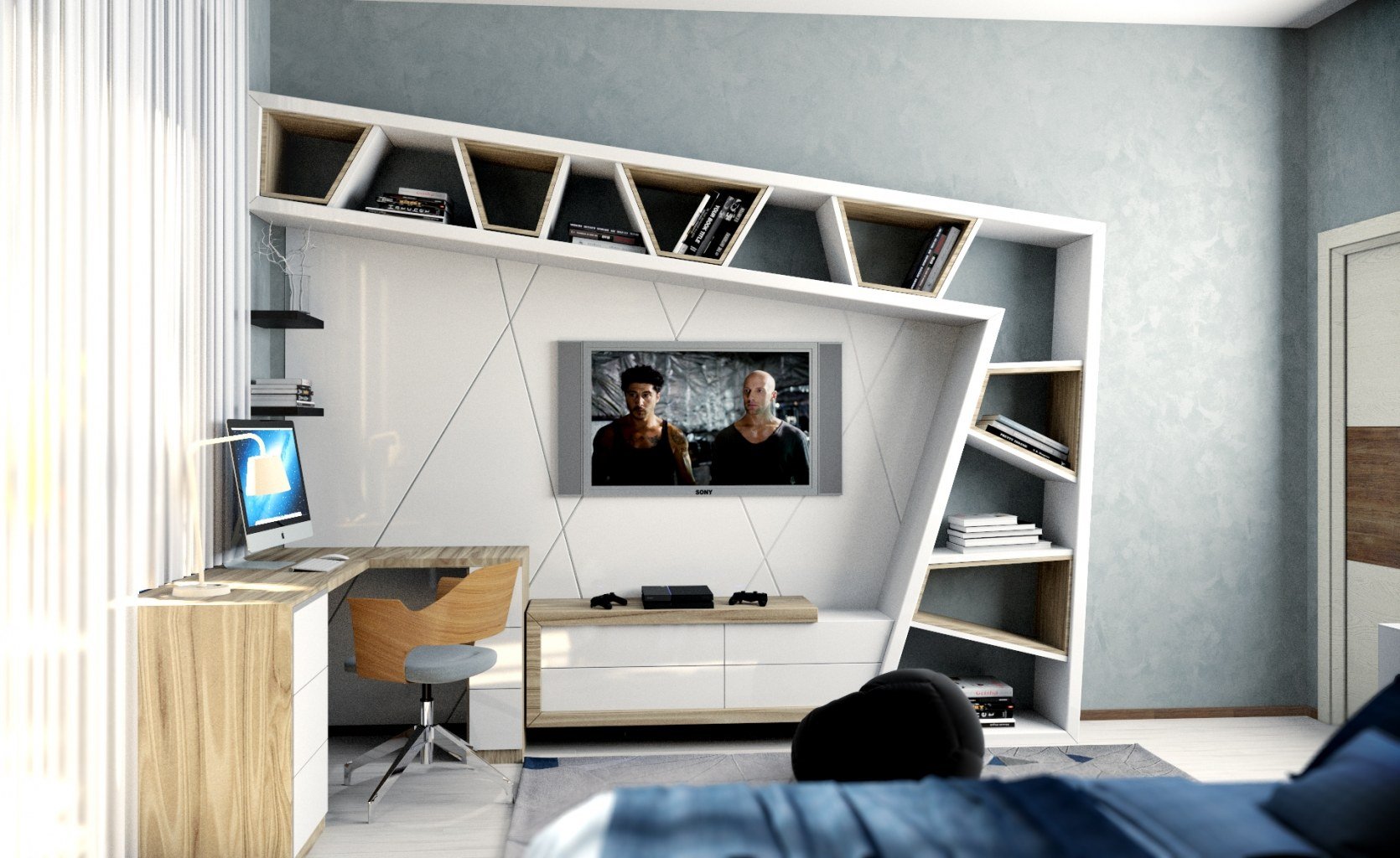 стенка для гостиной с компьютерным столом и телевизором