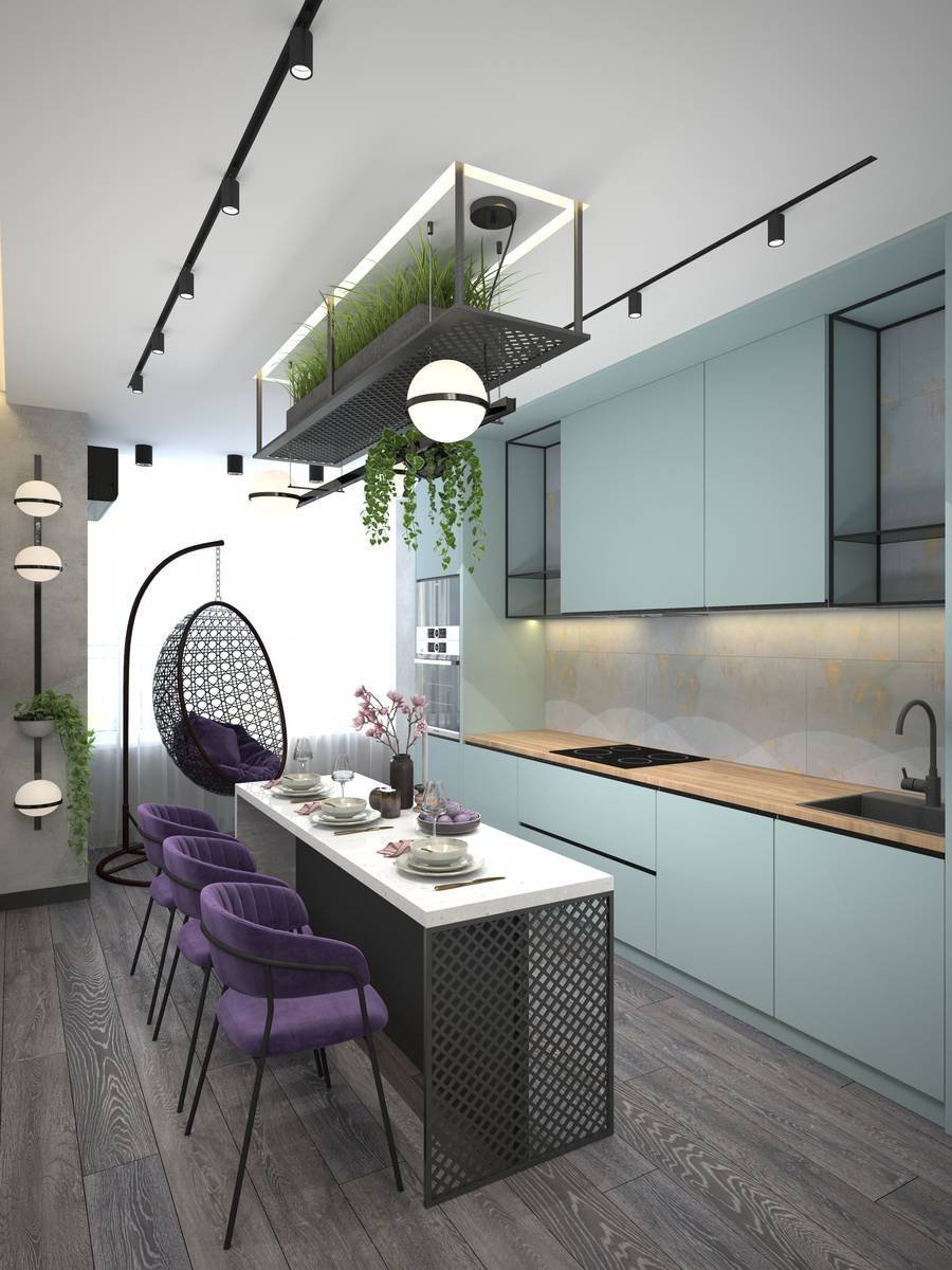 Кухня в стиле лофт в квартире фиолетовая