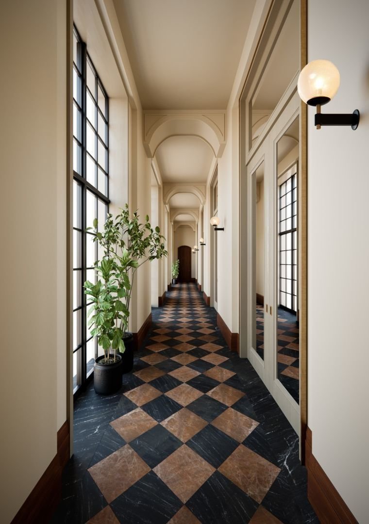 Дизайн длинного коридора гостиницы
