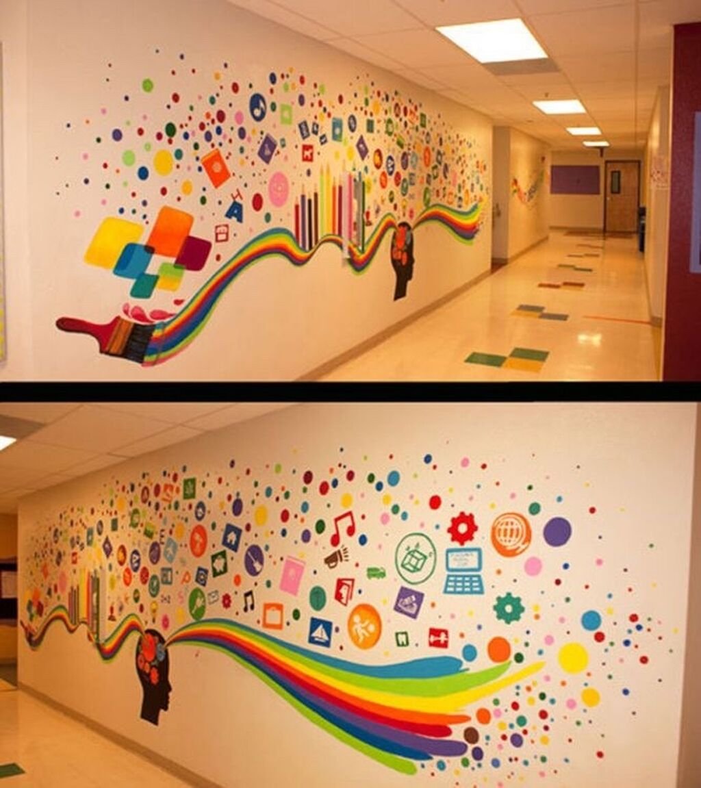 Как можно оформить школу. Декор стен в школе. Креативные стены в школе. Роспись стен в школе. Красивые стены в детском саду.