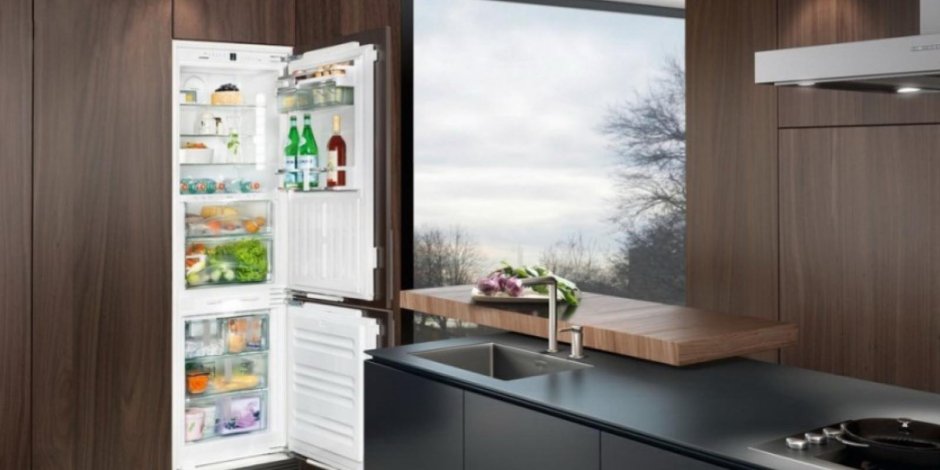 Холодильник встроенный в пенал на кухне