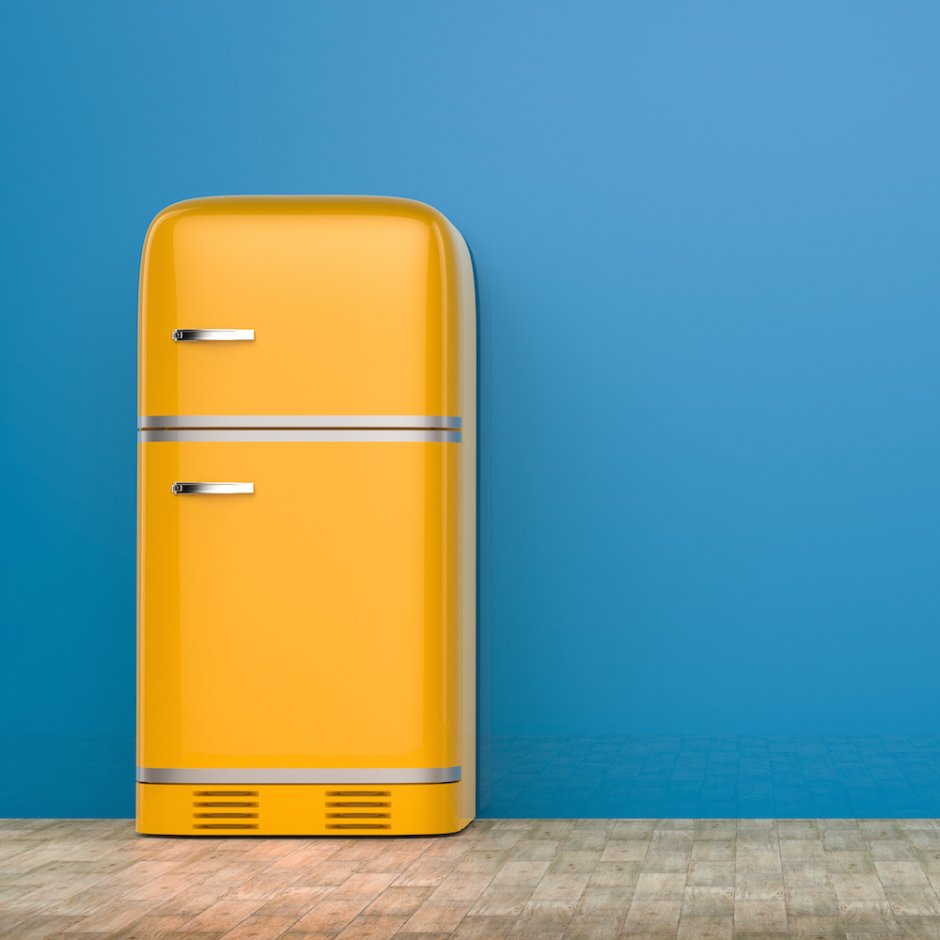 Желтый холодильник в интерьере