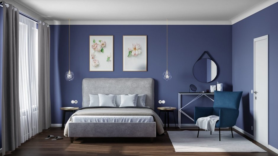 Синяя кровать в спальне Сканди