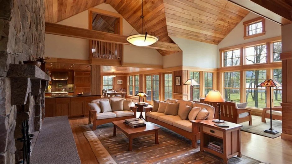 Интерьеры загородных домов из бруса