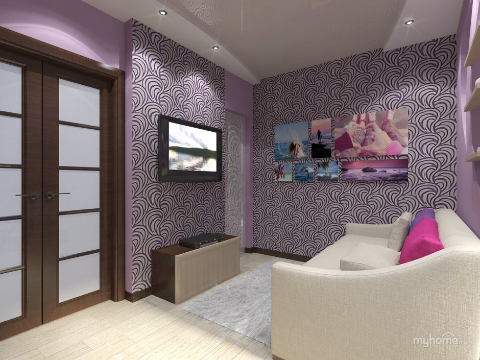 Совмещенная спальня гостиная с фиолетовыми