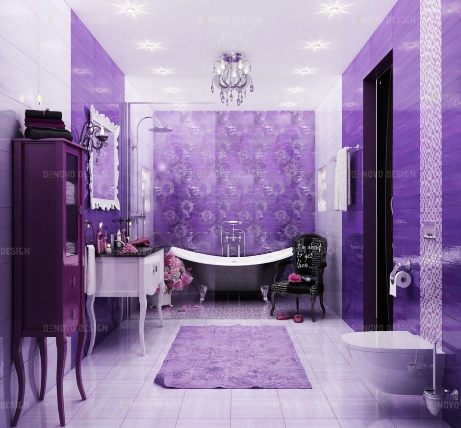 Монохромный интерьер гостиной гостиной в фиолетовом цвете