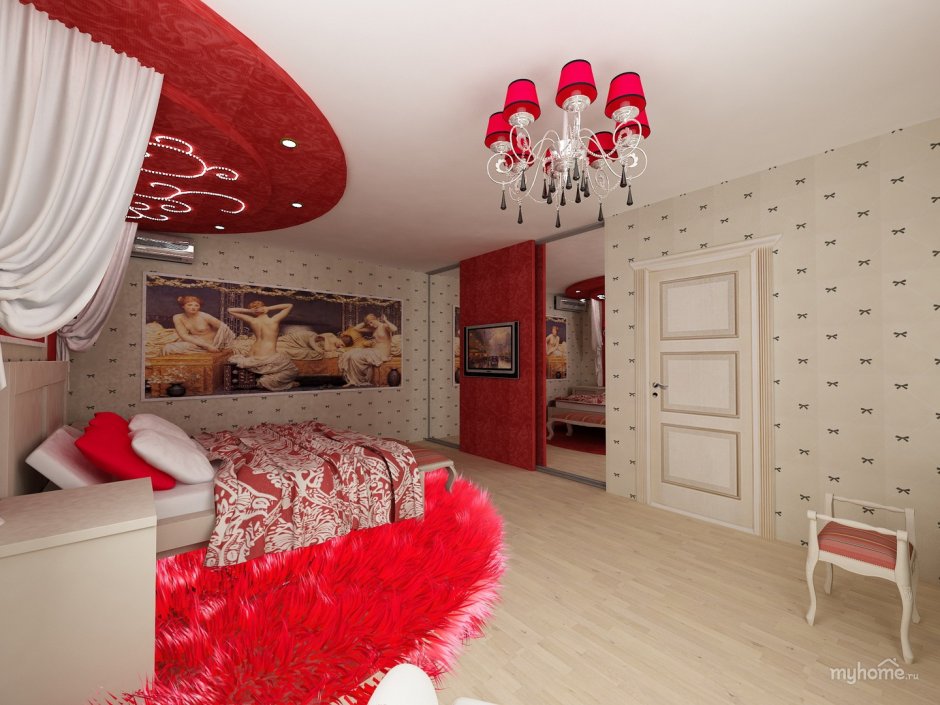Дизайн комнаты с красной люстрой