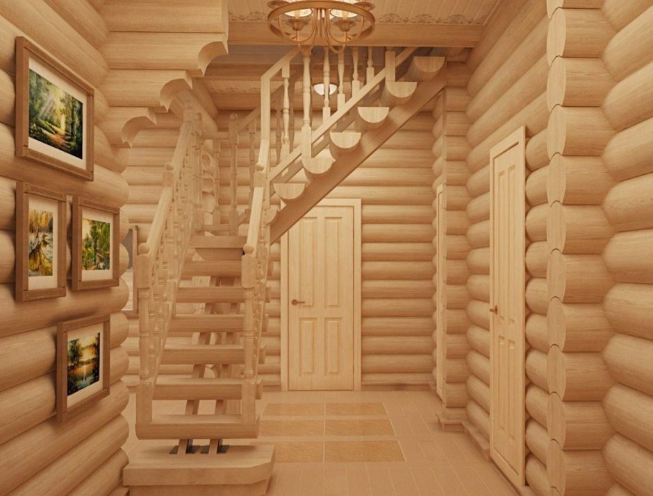 Холл с лестницей в деревянном доме