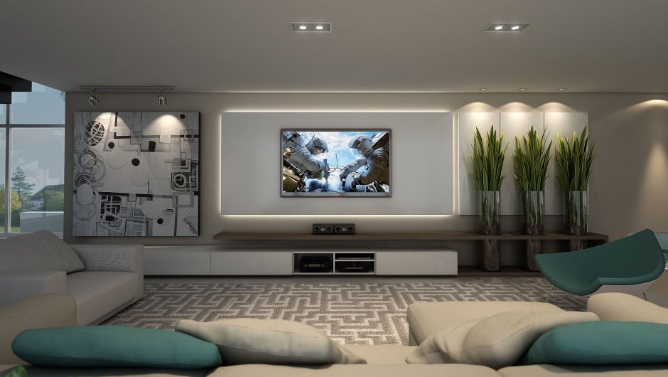Гостиная с большим телевизором на стене