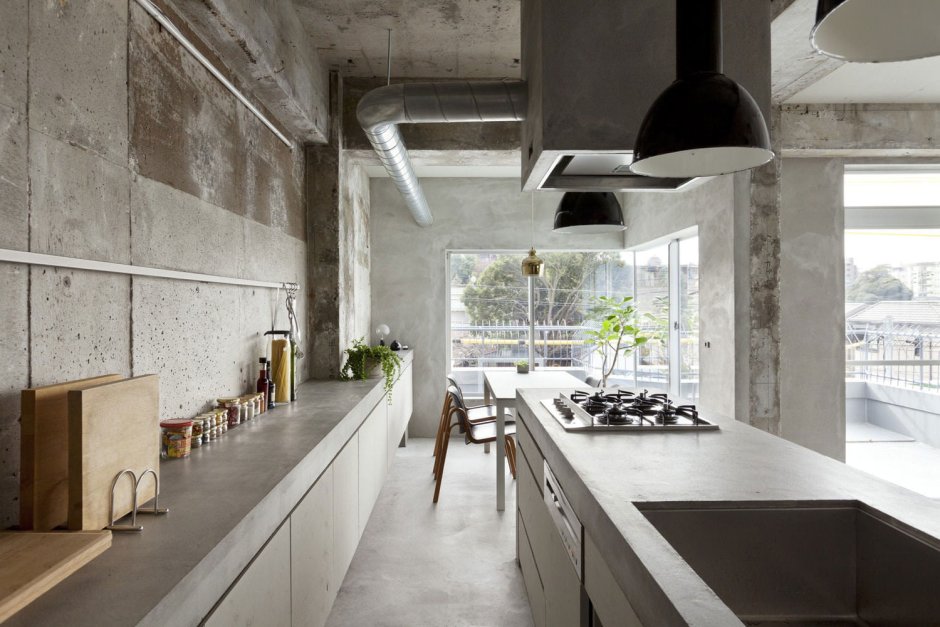 Кухня в стиле лофт бетон и дерево