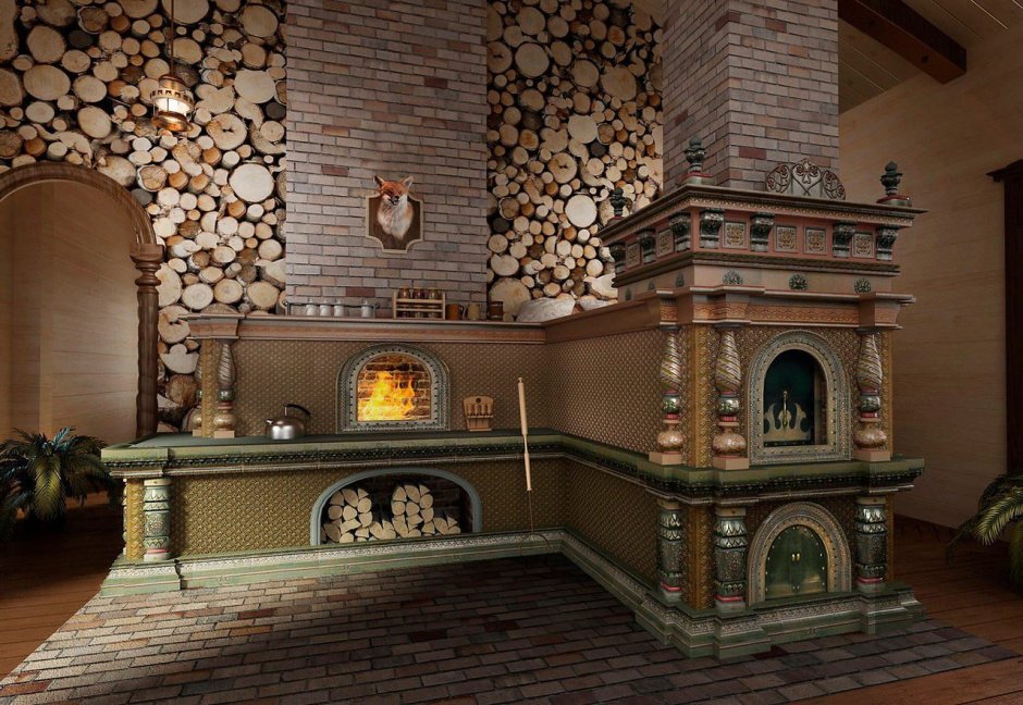 Кухня-гостиная с камином в деревянном доме