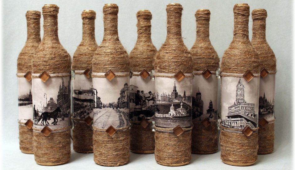 Бутылки декорированные джутом