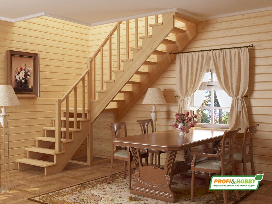 Дизайн комнаты с угловой лестницей в классическом стиле