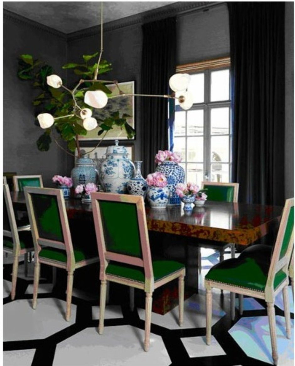 Изумрудный цвет в столовой