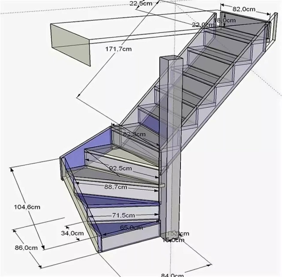 Лестница на тетивах с забежными ступенями с поворотом на 90