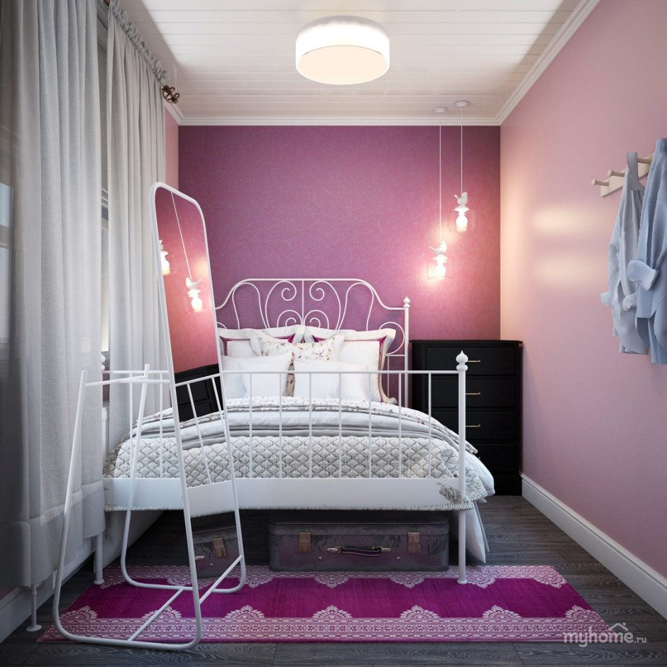 Интерьер спальни в розовом и черно-белом цвете