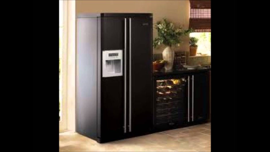 Двухдверный холодильник черный кухня
