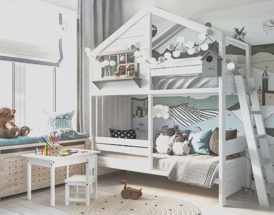 Детская в скандинавском стиле с двухэтажной кроватью
