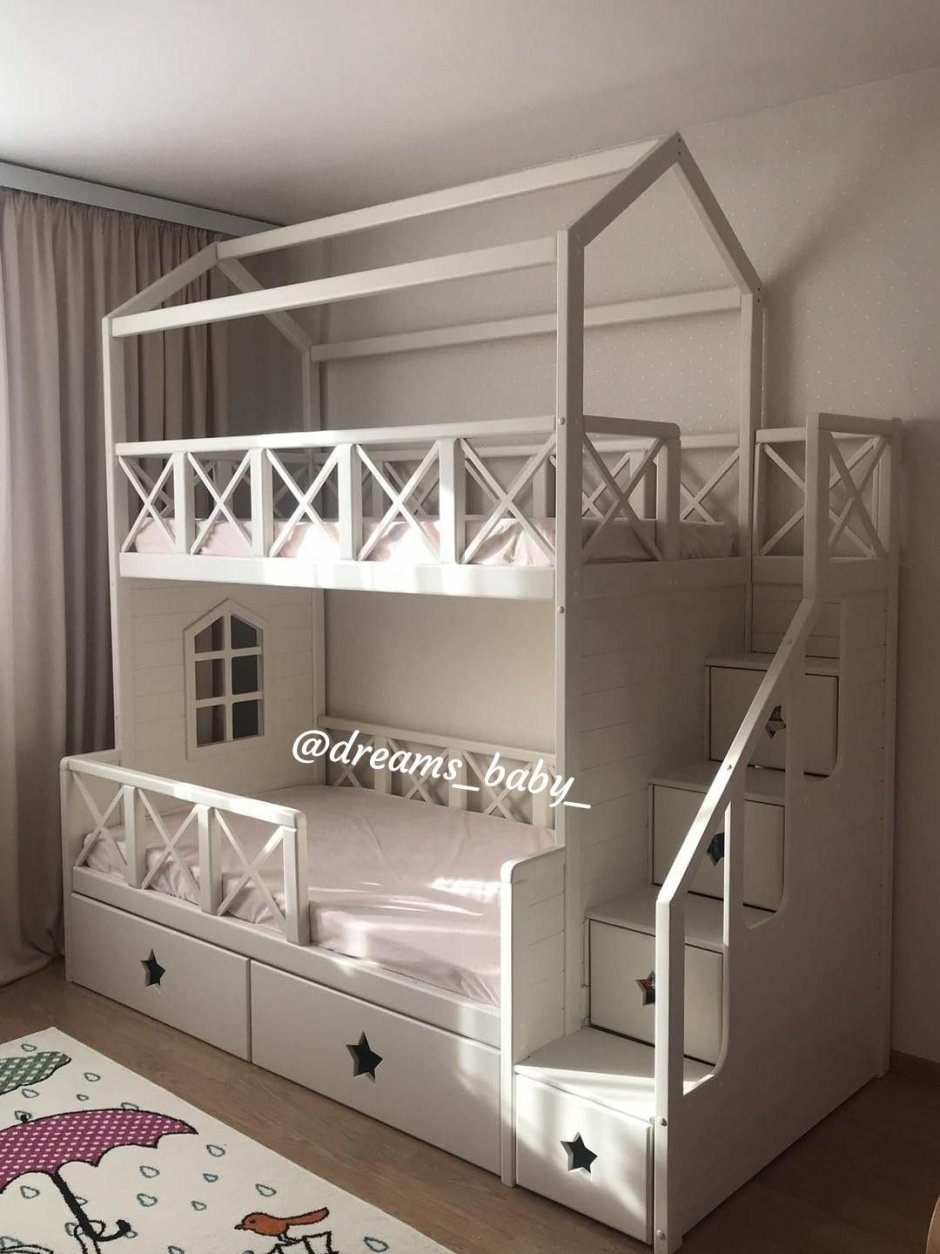 Кровать домик двухъярусная с лестницей для девочек