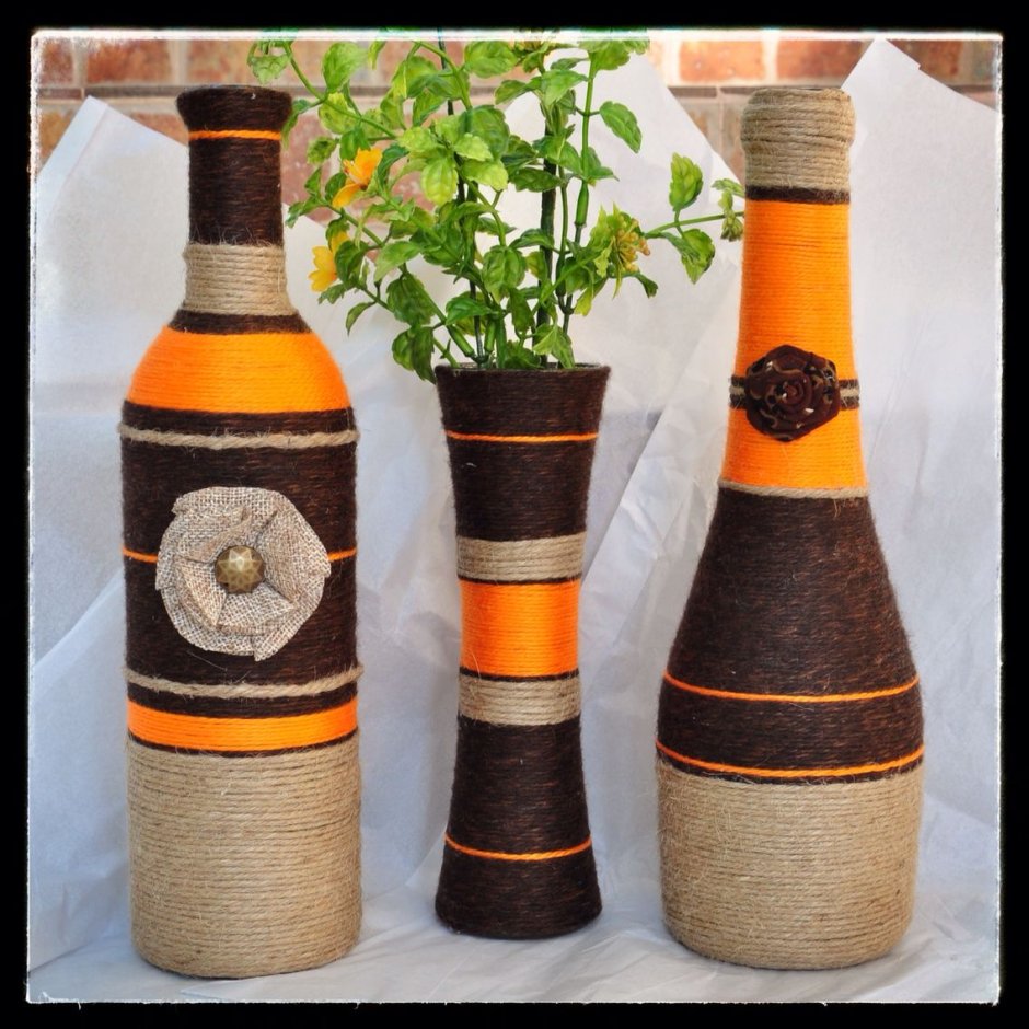 Декор бутылки нитками для вязания