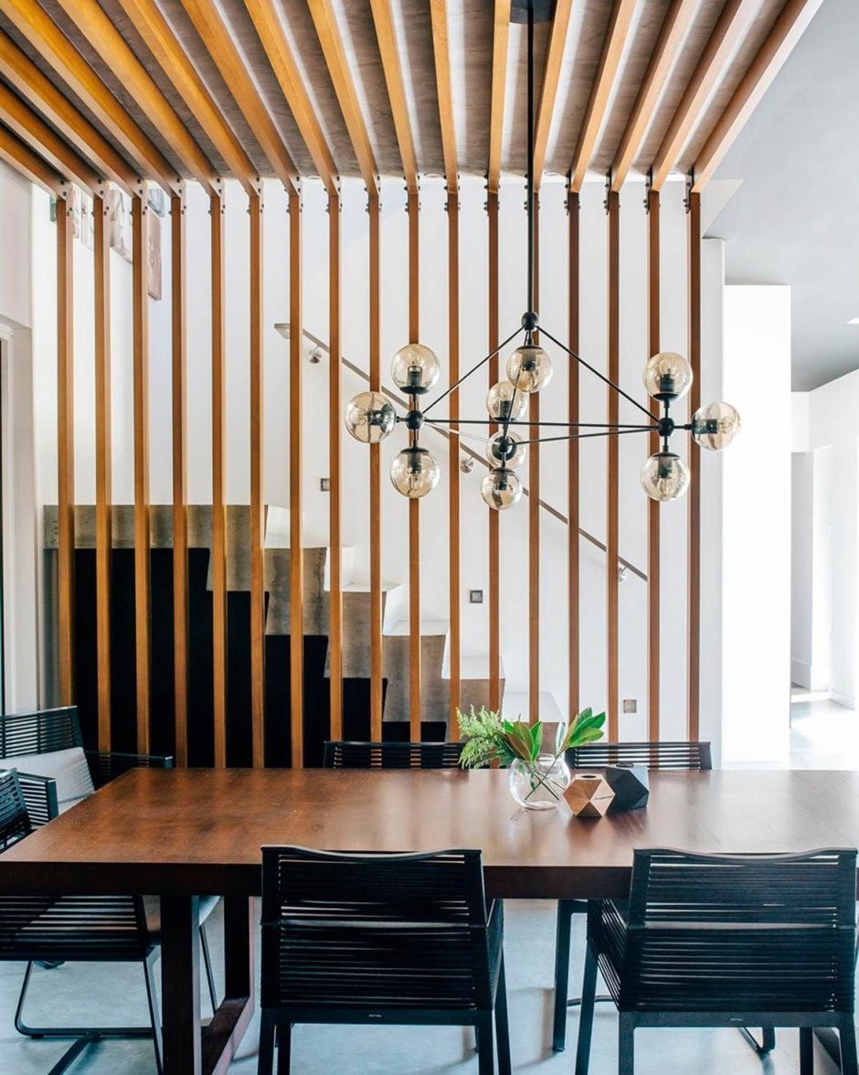 Деревянные планки на стену в интерьере кухни