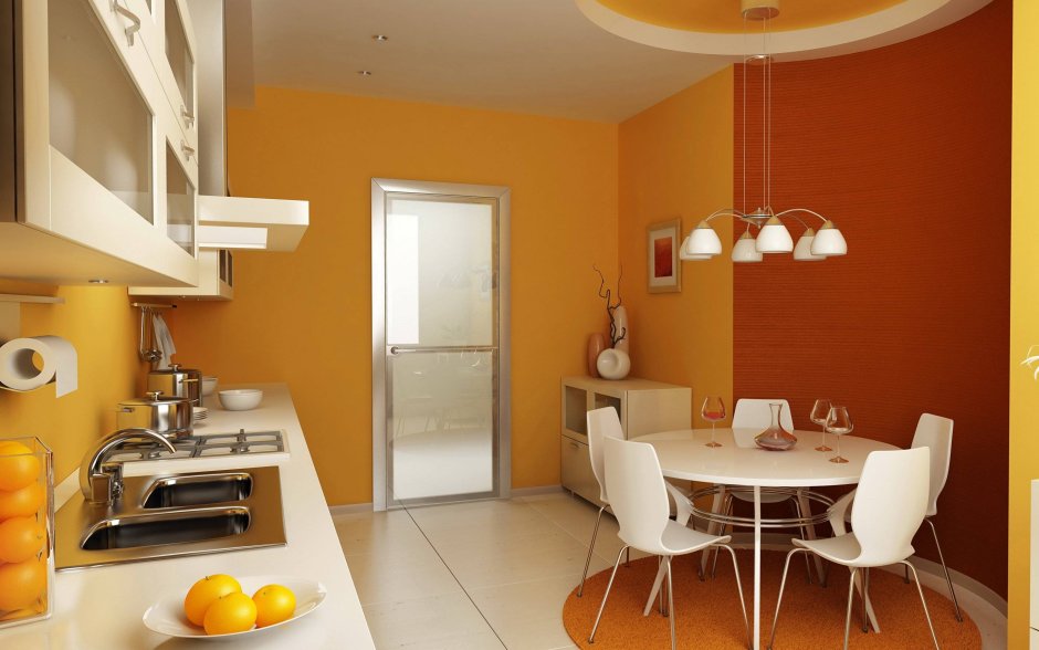 Оранжевая кухня какие обои подобрать фото
