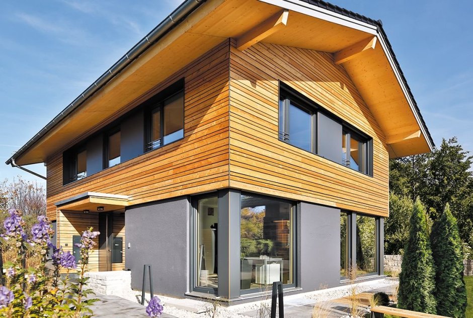 Фасад штукатурка и дерево