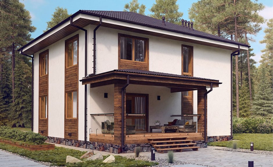 Фасад штукатурка и дерево