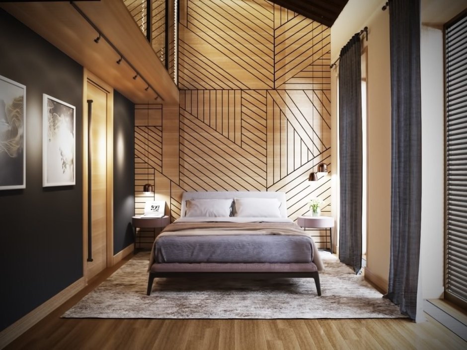 Декор спальни деревянными рейками