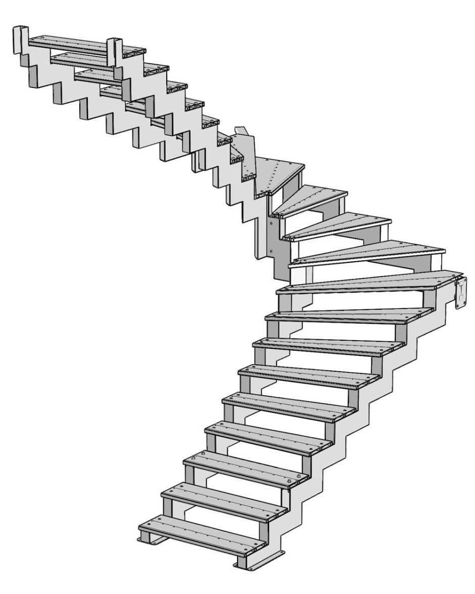 Лестница на косоурах с забежными ступенями с поворотом на 90