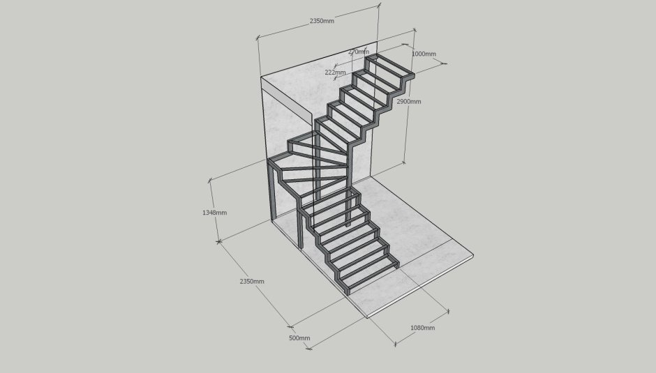 Лестница с забежными ступенями из профильной трубы 40*20