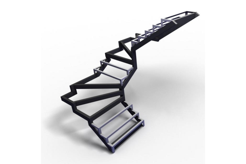 Лестница с забежными ступенями с поворотом на 180 из металла