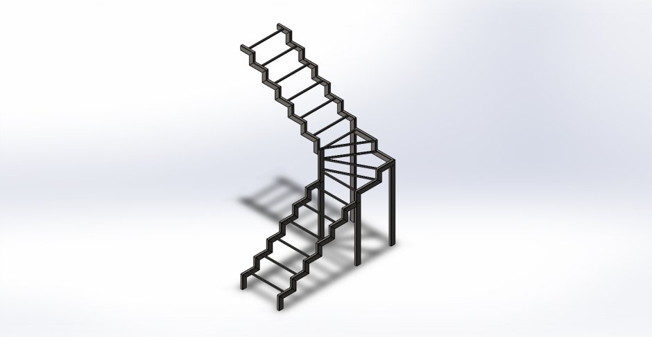 Металлокаркас лестницы с забежными ступенями на 90 градусов