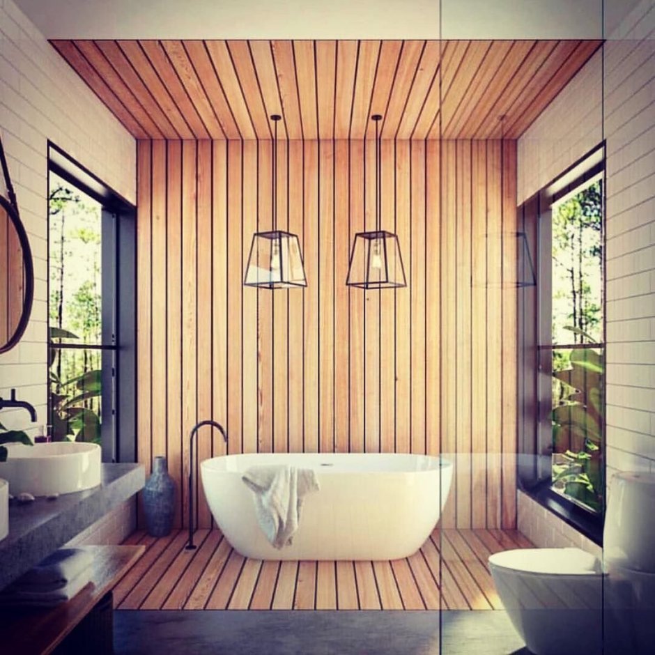Деревянная стена в ванной