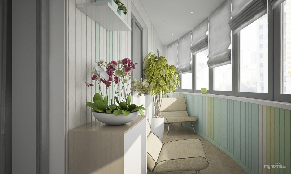 Интерьер балкона в зеленых пыльных тонах
