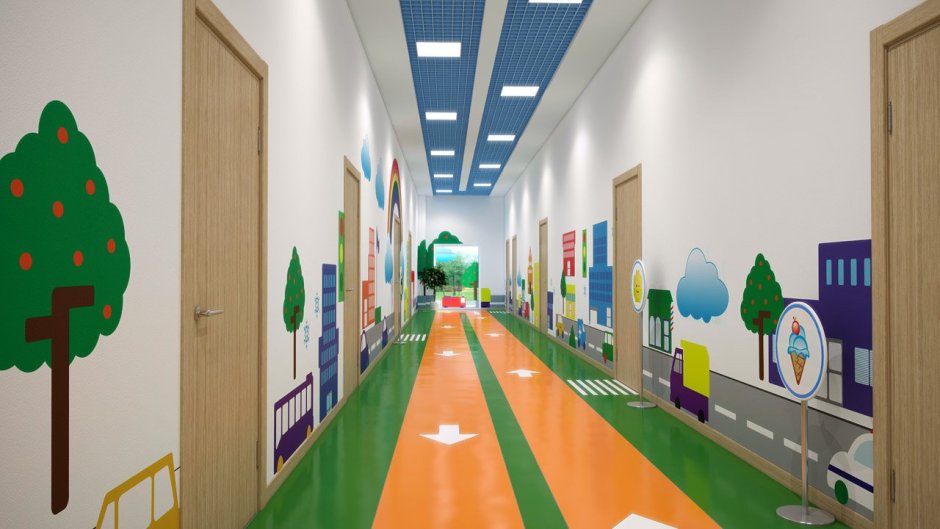 Современный интерьер школьного коридора