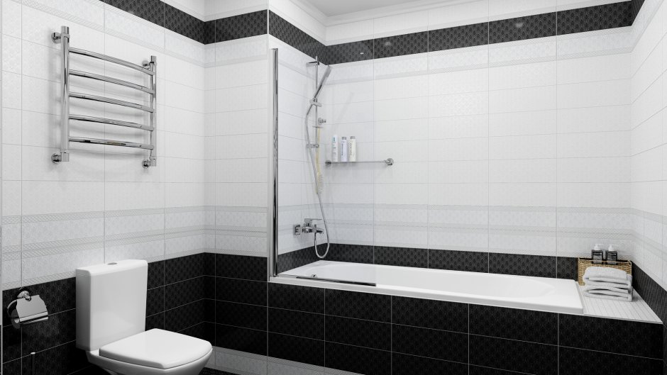 Отделка ванной комнаты 3 кв м черной и белой плиткой