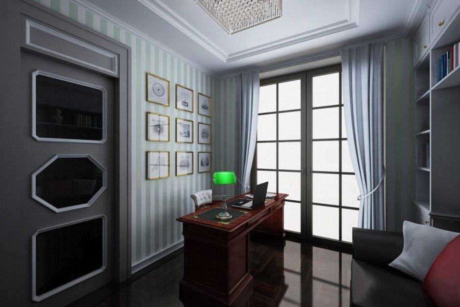 Гостиная с черным кожаным диваном