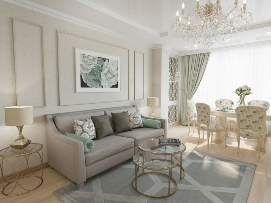 Интерьер белой гостиной в классическом стиле
