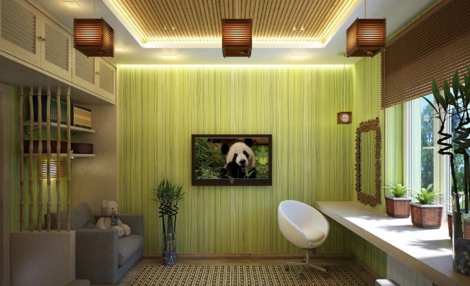 Интерьер зала в частном доме под бамбук