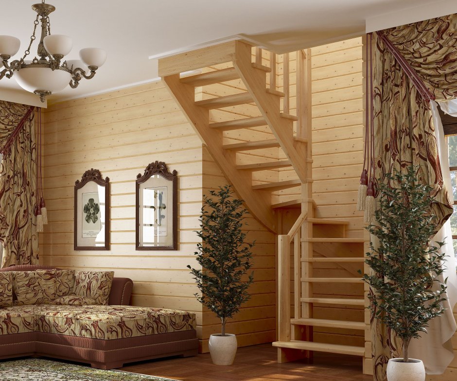 Лестница в интерьере деревянного дома