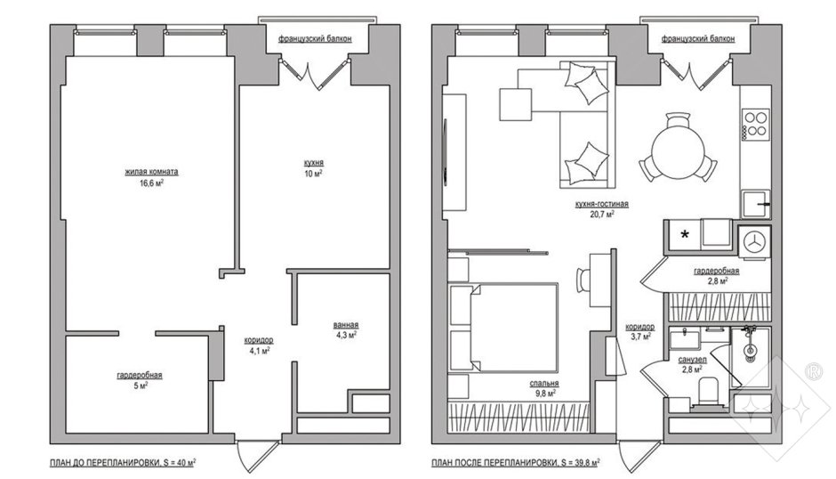 Перепланировка однокомнатной квартиры в двухкомнатную 35 кв.м