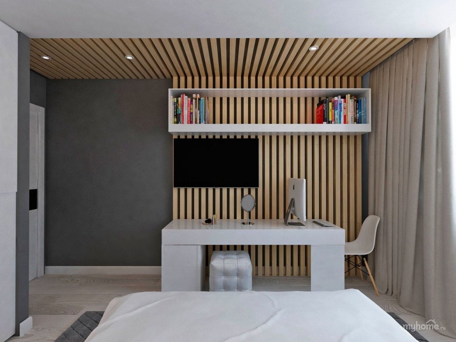 Потолок из деревянных реек в спальне
