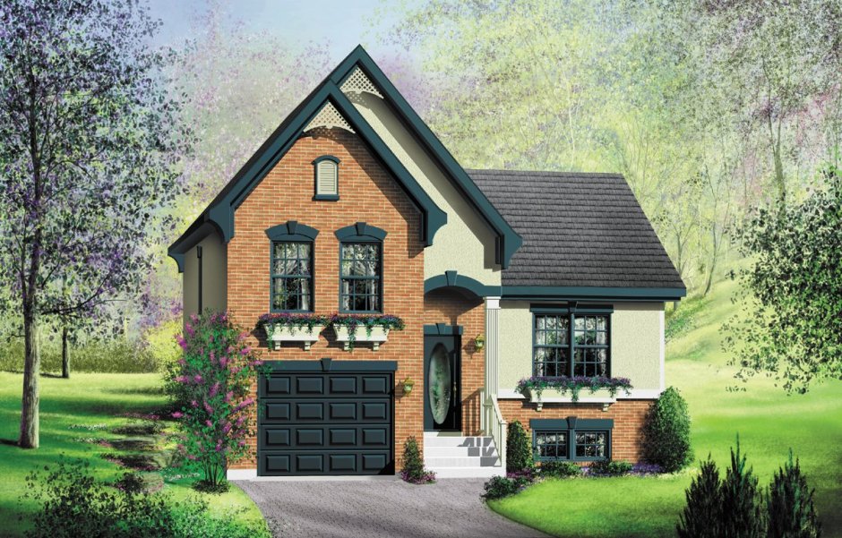 Рисунок дом с гаражом и огородом и беседкой