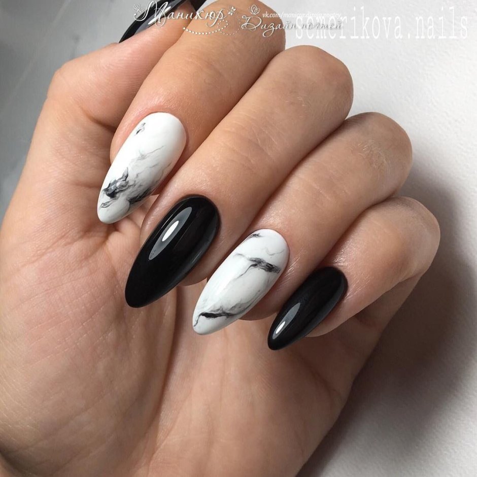 Мраморные ногти черные с белым