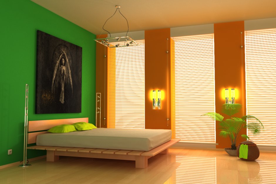 Спальня в зелено оранжевых тонах